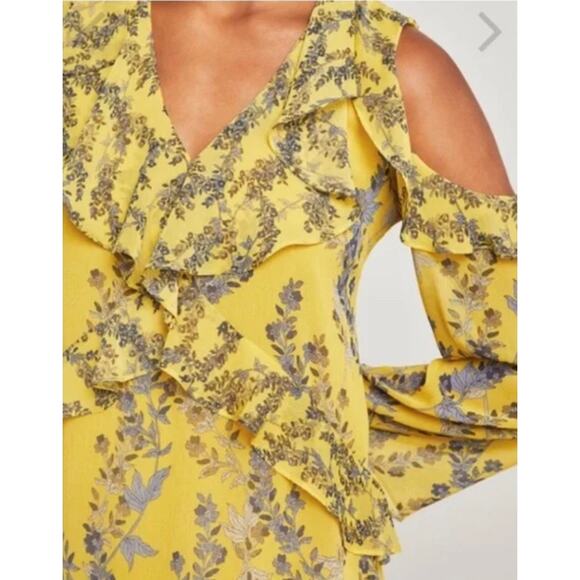 BCBGMaxAzria Dress Womens X Small Marigold Yellow Blue Floral Cold Shoulder Mini - Picture 5 of 12